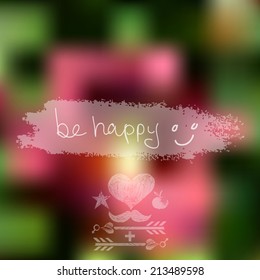 Abstract defocused, blurred landscape background with hipster elements and smile face. Grunge. Vector. 