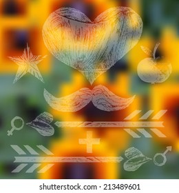 Abstract defocused, blurred landscape background with hipster elements. Grunge. Vector. 