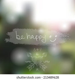 Abstract defocused, blurred landscape background with hipster elements and smile face. Grunge. Vector. 