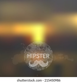 Abstract defocused, blurred landscape background with hipster sign. Vintage grunge label. Mustache. 