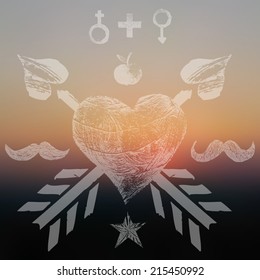 Abstract defocused, blurred landscape background with hipster elements. Grunge. Vector. 