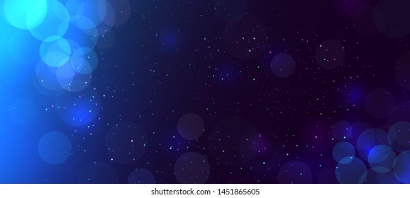 Abstract defocused glitter bokeh light background with circles. Modern beautiful Christmas and New Year holiday background with sparks. Copy space