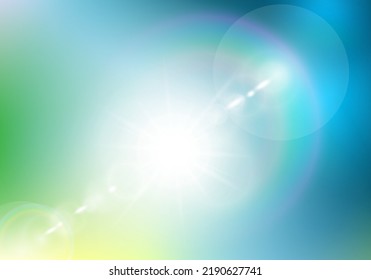 Abstract defocused summer background with white lens flare. Blue green color blurred backdrop. Spring vacation impression wallpaper