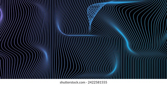 Abstract deform wavy gradient light lines smooth curve flowing dynamic on black background for concept of technology, digital, communication, science. Vector illustration for banner, poster, cover. 