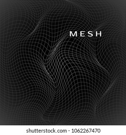 Abstract deformation of net. Wavy mesh structure. Vector illustration isolated on dark background