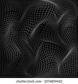 Abstract deformation of net. Wavy motion mesh 3d structure. Vector illustration isolated on dark background