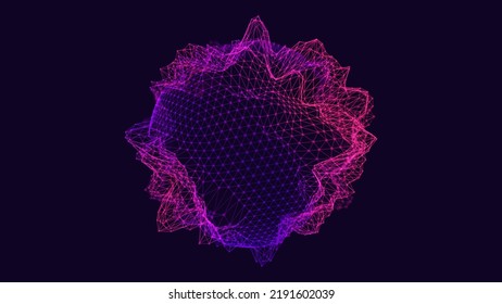 Abstract Deformed 3D Sphere. Bright Glowing Radial or Circular Digital Equalizer. 3D Illuminated Distorted Sphere of Glowing Particles and Lines. Visualization of Voice, Music Playback. EPS10 Vector