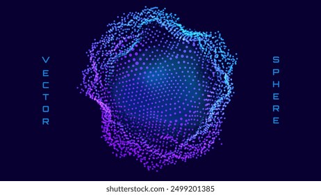 Abstract Deformed 3D Sphere. Bright Glowing Radial or Circular Digital Equalizer. 3D Illuminated Distorted Sphere of Glowing Particles and Lines. Visualization of Voice, Music Playback. Vector.