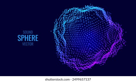 Abstract Deformed 3D Sphere. Bright Glowing Radial or Circular Digital Equalizer. 3D Illuminated Distorted Sphere of Glowing Particles and Lines. Visualization of Voice, Music Playback. Vector.