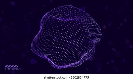 Abstract Deformed 3D Sphere. Bright Glowing Radial or Circular Digital Equalizer. 3D Illuminated Distorted Sphere of Glowing Particles and Lines. Visualization of Voice, Music Playback. Vector.