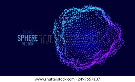 Abstract Deformed 3D Sphere. Bright Glowing Radial or Circular Digital Equalizer. 3D Illuminated Distorted Sphere of Glowing Particles and Lines. Visualization of Voice, Music Playback. Vector.