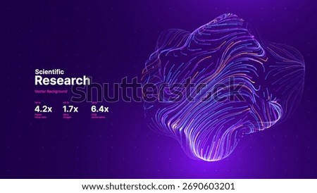 Abstract Deformed 3D Sphere. Bright Glowing Radial or Circular Digital Equalizer. 3D Illuminated Distorted Sphere of Glowing Particles and Lines. Visualization of Voice, Music Playback. Vector.