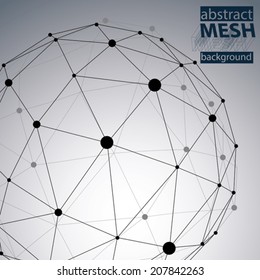 Abstract deformed vector black and white background, chaotic backdrop with symmetric lined spherical object.