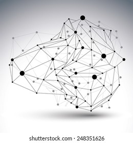 Abstract deformed vector black and white lattice figure, chaotic asymmetric lined object.