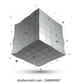 Abstract deformed vector monochrome object with lines mesh isolated on white background, complicated grid cube.