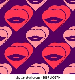 Abstract delicate background heart and lips on purple, texture for design, seamless pattern, vector illustration