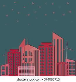 Abstract delicate city. Apartments For Rent / Sale, Real Estate. Cute buildings.Vector St Valentine day's greeting card.