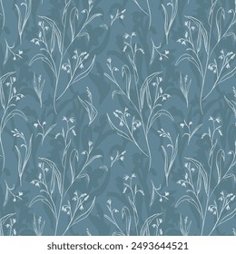 Abstract delicate floral pattern of thin blue gray wildflowers on tonal background. Endless repeat in casual romantic style.