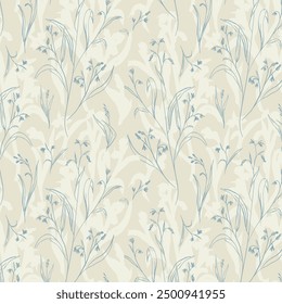 Abstract delicate floral pattern of thin blue wildflowers on tonal beige background. Seamless textured repeat in casual romantic style.