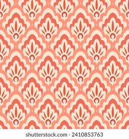 abstract delicate lace type damask peach color shadows geometric seamless pattern on light beige background