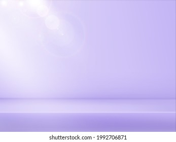 Abstract delicate lilac platform, gradient background with beams of spotlights and bokeh light.