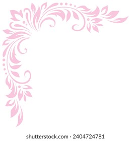 Abstract delicate pattern, decorative element, clip art with stylized leaves, flowers and curls in pink lines on white background. Corner vintage ornament, border, frame