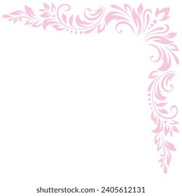 Abstract delicate pattern, decorative element, clip art with stylized leaves, flowers and curls in pink lines. Corner vintage ornament, border, frame