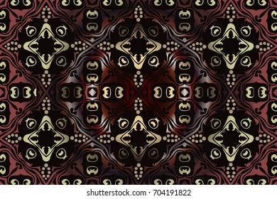 Abstract delicate pattern for textile, print or web design. Royal wallpaper. Black background. Damask seamless floral pattern in yellow, and red colors