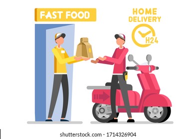 Abstract delivering, delivery a deliver vector design. Express foods orders, speed route to home direction, male worker give fast food order to customer cartoon character. Client purchase illustration