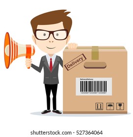 Abstract delivery service man with box and Megaphone . Vector illustration