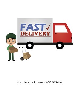abstract delivery truck and courier man on a white background