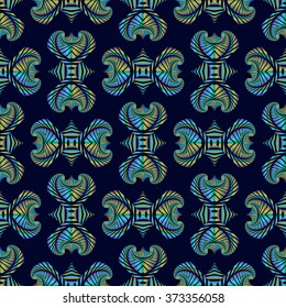Abstract deluxe seamless pattern with colorful metallic decorative ornament on dark blue background
