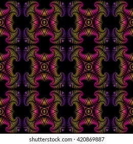 Abstract deluxe seamless pattern with colorful metallic decorative ornament on black background