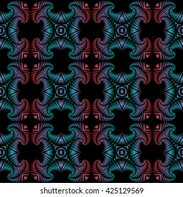 Abstract deluxe seamless pattern with colorful metallic decorative ornament on black background