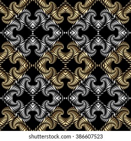 Abstract deluxe  seamless pattern with golden and silver decorative ornament on black background