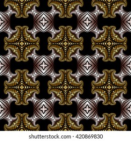 Abstract deluxe seamless pattern with golden and pink metallic decorative elements on black background