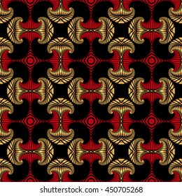Abstract deluxe seamless pattern with golden and red decorative ornament on black background