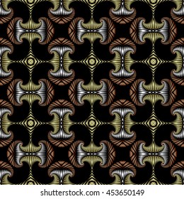 Abstract deluxe seamless pattern with golden, silver and bronze decorative elements on black background