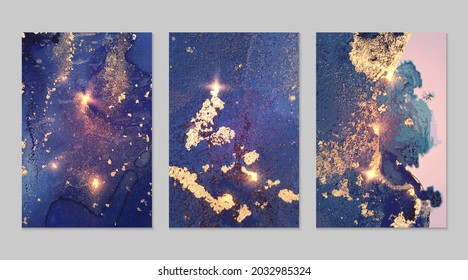 Abstract denim blue and gold alcohol ink pattern with marble texture. Set of luxury backgrounds with watercolor splash for poster, flyer, brochure design. Modern fluid art with golden glitter.