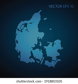 Abstract Denmark map template made from blue diagonal lines on dark background. Vector illustration EPS10.