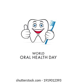 Abstract dental character making thumb up with toothbrush. World Oral Health Day greeting card design.