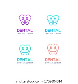 Abstract Dental Logo With Line Tooth Shape Connect Two People Holding Hands, Chat Talk Sign, Business Consulting And Dentist Medical Symbol, Community Partners And Social Media Concept