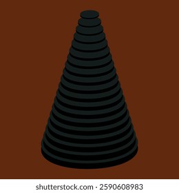 Abstract depiction of a black cone formed with stacked rings against a minimalistic brown backdrop.