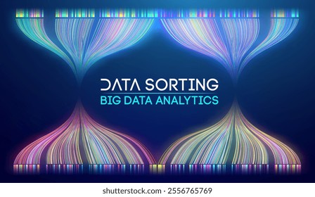 Abstract depiction of data sorting with symmetrical colorful flows converging and diverging. Represents big data processing and technological organization.