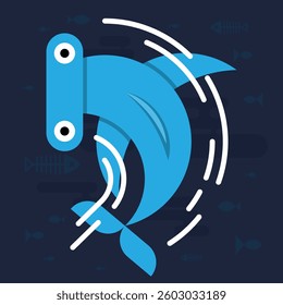 An abstract depiction of a fish is illustrated with vibrant blue tones and dynamic lines. The design conveys energy and fluidity, perfect for aquatic-inspired art.