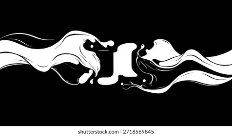 Eine abstrakte Darstellung der Fluiddynamik, monochrom dargestellt. Weiße flüssige Elemente spritzen und wirbeln vor einer krassen schwarzen Kulisse und erzeugen ein Gefühl von Bewegung und Dynamik. Die fließenden Leitungen und