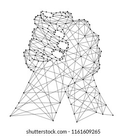 Abstract depiction of a fraternal handshake or arm wrestling of two hands from futuristic polygonal black lines and dots. Vector illustration.