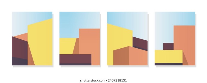 Abstract depiction of geometric buildings in a minimalist modern art style. Facade shapes against a clear sky background. Bright colors ideal for wall art, posters, banners, cards, and decorations.