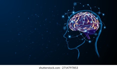 Abstract depiction of a human head with an artificial neural network or artificial intelligence brain. Technology theme: Digital brain science for future learning. Background concept: Innovative modern technology.