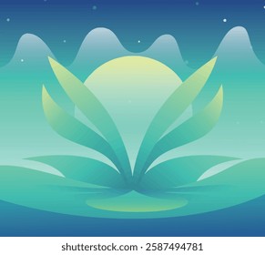 An abstract depiction of a lotus flower with a large central petal and surrounding shapes under a starry sky.